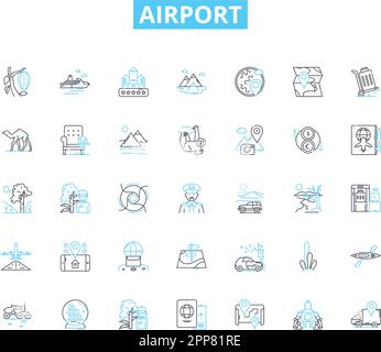 Icônes linéaires AirPort définies. Départ, arrivée, sécurité, bagages, terminal, Signalisation de piste, de vecteur de ligne d'embarquement et de concept. Porte,Douanes,Immigration Illustration de Vecteur