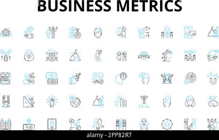 Ensemble d'icônes linéaires de mesures d'entreprise. KPI, performances, analyses, Tableau de bord, ventes, Revenus, symboles de vecteur de profit et symboles de concept de ligne. Retour sur investissement,client Illustration de Vecteur