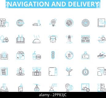 Ensemble d'icônes linéaires de navigation et d'administration. Routage, expédition, expédition, recherche de chemin, suivi, Logistique, vecteur de ligne de mouvement et panneaux de concept Illustration de Vecteur