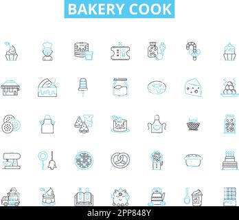 Ensemble d'icônes linéaires de cuisson de boulangerie. Pâte, levure, farine, four, fouet, Tuyauterie, vecteur de ligne de mélange et signes conceptuels. Pétrissage, laminage, contour beurre Illustration de Vecteur