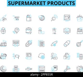 Jeu d'icônes linéaires pour les produits de supermarché. Produits alimentaires, produits laitiers, viande, boulangerie, Surgelés, étiquettes vectorielles et de concept de gamme de collations. Boissons, en conserve Illustration de Vecteur