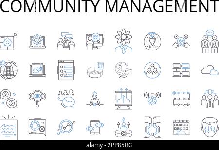 Collection d'icônes de ligne de gestion de communauté. Engagement des employés, marketing de la marque, coordination des projets, service clientèle, médias sociaux, Contenu Illustration de Vecteur
