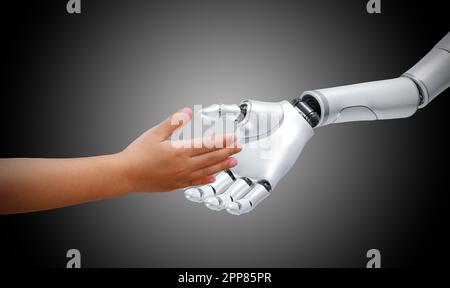 Robot et humain, les mains se touchent et se connectent. Smart ai, apprentissage machine, concepts Chatbot. Intelligence artificielle pour la science, l'éducation, les affaires, inno Banque D'Images