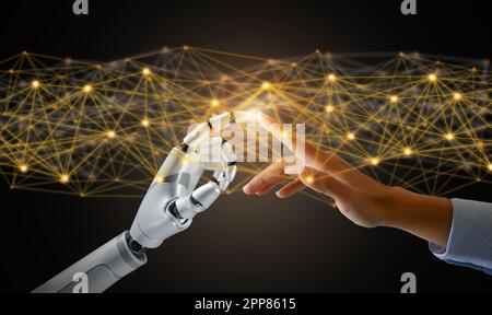 Le robot et les mains humaines se touchent et se connectent sur fond de code binaire. Intelligence artificielle, apprentissage machine, Chatbot. Intelligence artificielle pour la science, l'éducation Banque D'Images