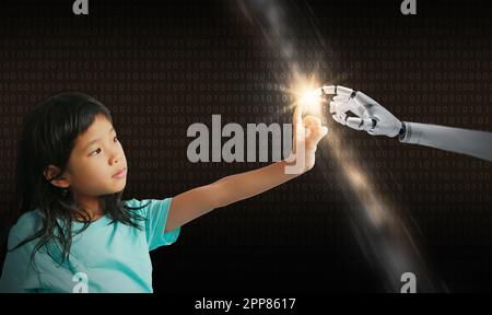 Un robot et les mains d'une fille se touchent et se connectent sur fond de code binaire. Intelligence artificielle, apprentissage machine, Chatbot. Intelligence artificielle pour la science, educ Banque D'Images