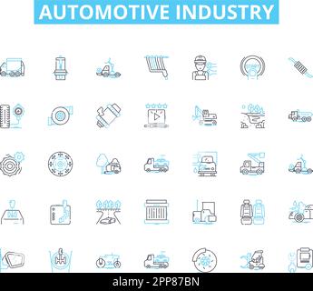 Jeu d'icônes linéaires de l'industrie automobile. Automobiles, véhicules, voitures, camions, motocycles, Fabrication, vecteur de ligne d'ingénierie et panneaux de concept Illustration de Vecteur