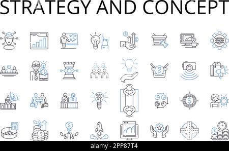 Collection d'icônes de ligne de stratégie et de concept. Plan et schéma, idée et pensée, approche et méthode, objectif et but, vision et mission, Système et Illustration de Vecteur