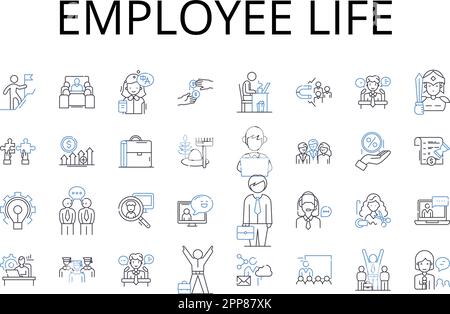 Collection d'icônes de la ligne de vie des employés. Sécurité de l'emploi, bien-être de l'espace de travail, Carrières, culture du travail, relations de travail, Conditions de travail, capital humain Illustration de Vecteur