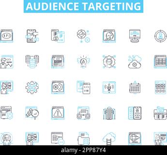Ensemble d'icônes linéaires de ciblage du public. Données démographiques, psychographiques, Segmentation, Persona, centres d'intérêt, Comportement, vecteur de ligne d'affinité et signes de concept Illustration de Vecteur