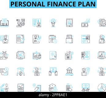 Ensemble d'icônes linéaires de plan de financement personnel. Budgétisation, épargne, investissement, dette, retraite, Actifs, vecteur de ligne de revenu et signes conceptuels. Dépenses Illustration de Vecteur