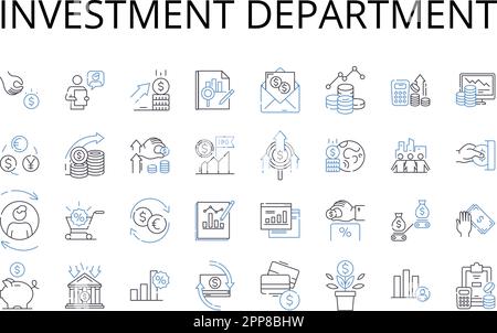 Collection d'icônes de ligne du service d'investissement. Équipe des finances, unité de gestion du patrimoine, groupe de capital, division des fonds, département des actifs, Mon équipe, Portfolio Office Illustration de Vecteur