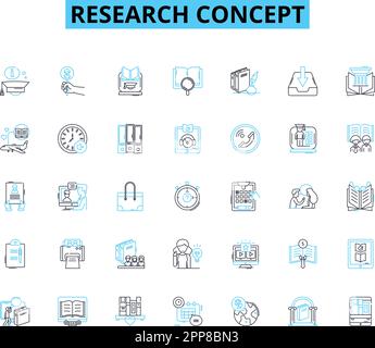 Ensemble d'icônes linéaires de concept de recherche. Expérimentation, Méthodologie, hypothèse, données, analyse, Statistiques, vecteur de ligne d'enquête et signes de concept Illustration de Vecteur