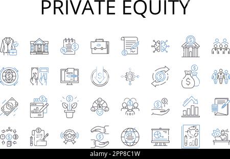 Collection d'icônes de la ligne Private Equity. Capital de risque, hedge Fund, participation, Angel Investor, entreprise de rachat, Fiducie de placement, injection de capital Illustration de Vecteur