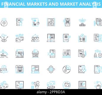 Ensemble d'icônes linéaires d'analyse de marché et de marchés financiers. Actions, obligations, matières premières, investissements, opérations, Dérivés, vecteur de ligne de volatilité et Illustration de Vecteur