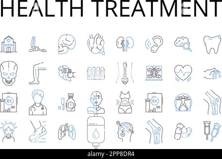 Collection d'icônes de lignes de traitement de santé. Soins médicaux, programme de bien-être, gestion des maladies, approche thérapeutique, régime de conditionnement physique, Plan de réadaptation Illustration de Vecteur