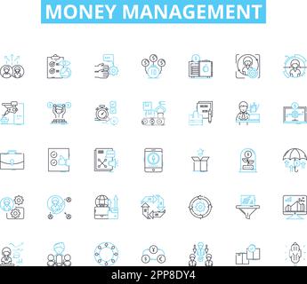 Ensemble d'icônes linéaires de gestion de l'argent. Budgétisation, épargne, investissement, dette, dépenses, Revenu, vecteur de ligne de retraite et signes de concept. Frugalité, crédit Illustration de Vecteur