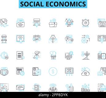 Ensemble d'icônes linéaires d'économie sociale. Inégalité, bien-être social, capitalisme, socialisme, redistribution, Injustice, vecteur de seuil de pauvreté et signes conceptuels Illustration de Vecteur