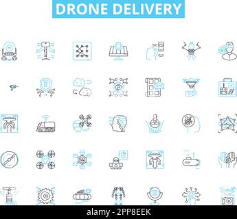 Jeu d'icônes linéaires de livraison de drone. DRS, livraison, sans pilote, aérien, logistique, Efficacité, vecteur de ligne d'innovation et signes de concept. Futur,technologie Illustration de Vecteur