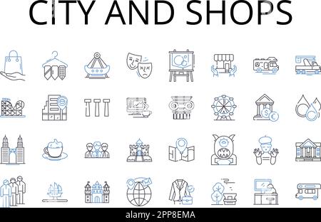 Collection d'icônes de la ville et des magasins. Zone urbaine, Centre-ville, Metropolis, quartier des affaires, Centre commercial, Retail Hub, commercial z Vector et Linear Illustration de Vecteur