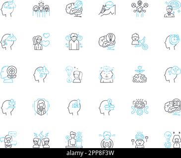 Ensemble d'icônes linéaires de thérapie comportementale. Approche, changement, cognition, engagement, contrôle, Adaptation, vecteur de ligne d'exposition et signes conceptuels. Feedback,Focus Illustration de Vecteur