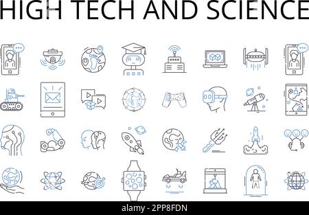 Collection d'icônes de la gamme haute technologie et science. Technologie de pointe, science de pointe, science moderne, technologie futuriste, science innovante Illustration de Vecteur