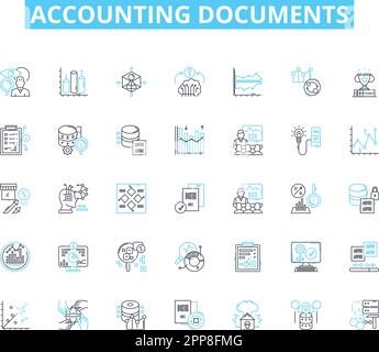 Jeu d'icônes linéaires des documents comptables. Grand livre, Journal, bilan, compte de résultat, compte de flux de trésorerie, Déclaration de taxe, vecteur de ligne de facture et Illustration de Vecteur