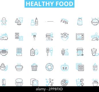 Ensemble d'icônes linéaires pour aliments sains. Nutritif, sain, biologique, équilibré, frais, Panneaux vectoriels et de concept durables et propres. Riche en vitamines, fibres Illustration de Vecteur