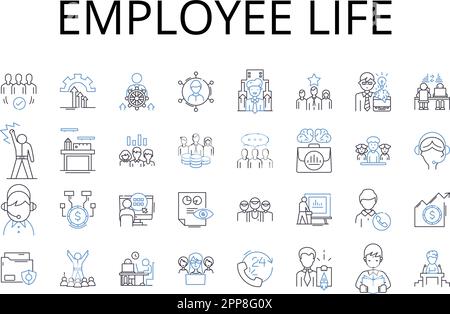 Collection d'icônes de la ligne de vie des employés. Sécurité de l'emploi, bien-être de l'espace de travail, Carrières, culture du travail, relations de travail, Conditions de travail, capital humain Illustration de Vecteur