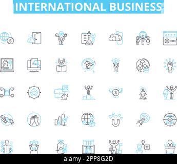 Ensemble d'icônes linéaires d'affaires internationales. Mondialisation, exportation, importation, multinationale, externalisation, Commerce, vecteur de ligne transculturelle et Illustration de Vecteur