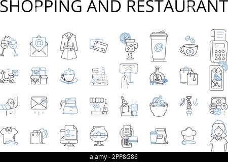 Collection d'icônes de magasins et de restaurants. Thérapie de vente au détail, manger dehors, épicerie, restaurants, magasins de vente au détail, Extraction, navigation, vecteur et Illustration de Vecteur