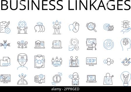 Collection d'icônes de ligne Business Linkages. Relations commerciales, affiliations d'entreprise, partenariats économiques, liens commerciaux, nerks fiscaux, Marché Illustration de Vecteur