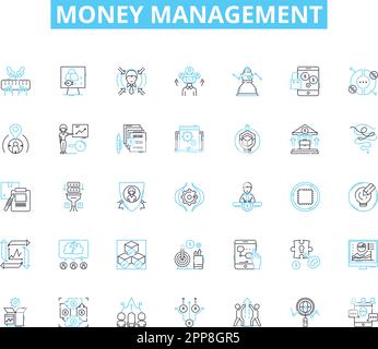 Ensemble d'icônes linéaires de gestion de l'argent. Budgétisation, épargne, investissement, dette, dépenses, Revenu, vecteur de ligne de retraite et signes de concept. Frugalité, crédit Illustration de Vecteur