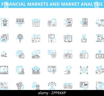 Ensemble d'icônes linéaires d'analyse de marché et de marchés financiers. Actions, obligations, matières premières, investissements, opérations, Dérivés, vecteur de ligne de volatilité et Illustration de Vecteur