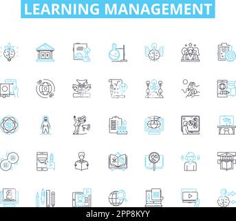 Ensemble d'icônes linéaires de gestion d'apprentissage. Éducation, cursus, évaluation, collaboration, pédagogie, E-learning, vecteur de la ligne de conception du programme d'études et Illustration de Vecteur