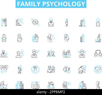 Ensemble d'icônes linéaires de psychologie de famille. Attachement, communication, conflit, cohésion, développement, Dynamique, vecteur de ligne d'émotion et signes de concept Illustration de Vecteur