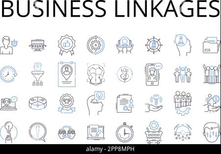 Collection d'icônes de ligne Business Linkages. Relations commerciales, affiliations d'entreprise, partenariats économiques, liens commerciaux, nerks fiscaux, Marché Illustration de Vecteur