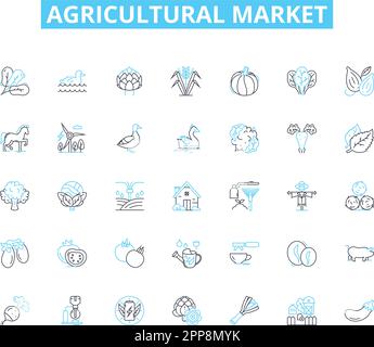 Jeu d'icônes linéaires pour le marché agricole. Produits, cultures, Agriculture, bétail, récolte, Irrigation, vecteur de ligne d'comptabilité et signes conceptuels Illustration de Vecteur