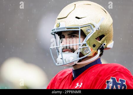 22 avril 2023 : quartier notre Dame Sam Hartman (10) lors du match annuel de football du printemps Blue-Gold de notre Dame au stade notre Dame de South Bend, Indiana. Or battu Bleu 24-0. John Mersiits/CSM. Banque D'Images