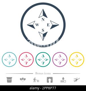Directions de la boussole icônes de couleur plate dans les contours ronds. 6 icônes bonus incluses. Illustration de Vecteur
