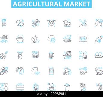 Jeu d'icônes linéaires pour le marché agricole. Produits, cultures, Agriculture, bétail, récolte, Irrigation, vecteur de ligne d'comptabilité et signes conceptuels Illustration de Vecteur