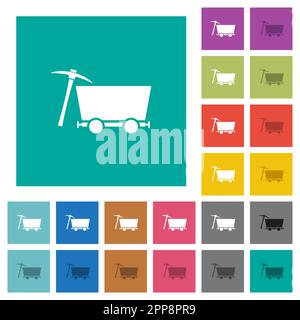 Chariot de mine et pioche multi-couleurs icônes plates sur fond carré Uni. Inclut des variantes d'icône blanche et foncée pour les effets de survol ou actifs. Illustration de Vecteur