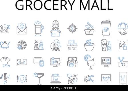 Collection d'icônes de la ligne du centre commercial d'épicerie. Supermarché, épicerie, magasin de proximité, marché, marché, Hypermarché, magasin spécialisé vectoriel et linéaire Illustration de Vecteur