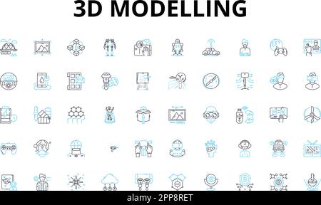 ensemble de 3d icônes linéaires de modélisation. Rendu, Sculpture, texture, animation, modélisation, Montage, symboles vectoriels d'éclairage et panneaux de concept de ligne. Ombrage Illustration de Vecteur