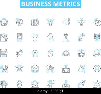 Ensemble d'icônes linéaires de mesures d'entreprise. KPI, performances, analyses, Tableau de bord, ventes, Revenus, vecteur de marge bénéficiaire et signes de concept. Retour sur investissement,client Illustration de Vecteur