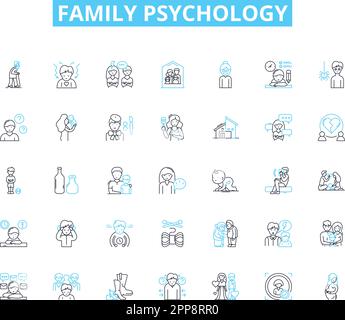 Ensemble d'icônes linéaires de psychologie de famille. Attachement, communication, conflit, cohésion, développement, Dynamique, vecteur de ligne d'émotion et signes de concept Illustration de Vecteur