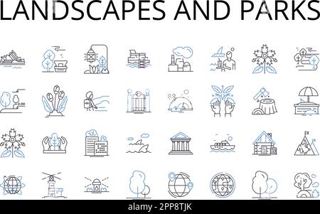 Collection d'icônes de paysages et de parcs. Océans et plages, montagnes et vallées, forêts et terres boisées, rivières et ruisseaux, gratte-ciel et Illustration de Vecteur