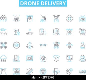 Jeu d'icônes linéaires de livraison de drone. DRS, livraison, sans pilote, aérien, logistique, Efficacité, vecteur de ligne d'innovation et signes de concept. Futur,technologie Illustration de Vecteur