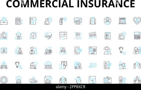Jeu d'icônes linéaires d'assurance commerciale. Protection, responsabilité, biens, entreprise, risque, Police, symboles de vecteur de couverture et symboles de concept de ligne Illustration de Vecteur