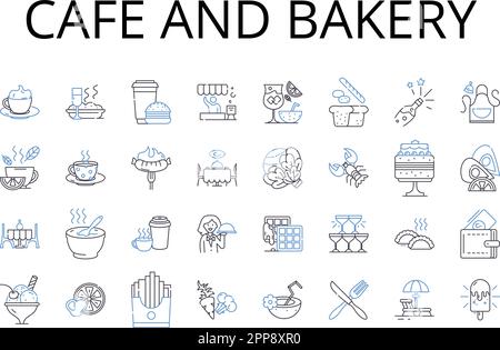 Collection d'icônes de la gamme Cafe and Bakery. Sweet Shop, Diner Eatery, Juice Bar, Pizza Parlor, Burger joint, Gourmandises, Bistro Cafe Vector et Linear Illustration de Vecteur