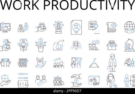 Collection d'icônes de ligne de productivité du travail. Gestion du temps, efficacité des tâches, achèvement des tâches, qualité de sortie, taux de performances, Quantité de sortie Illustration de Vecteur
